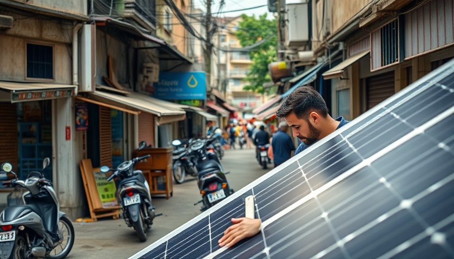 Man installing solar panel in Asian street, promoting renewable energy.