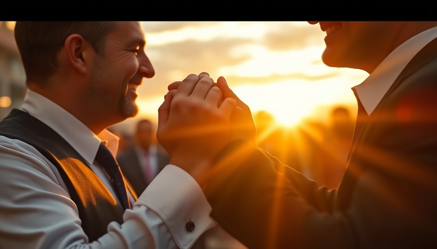 Two men in formal attire greeting warmly at sunset.