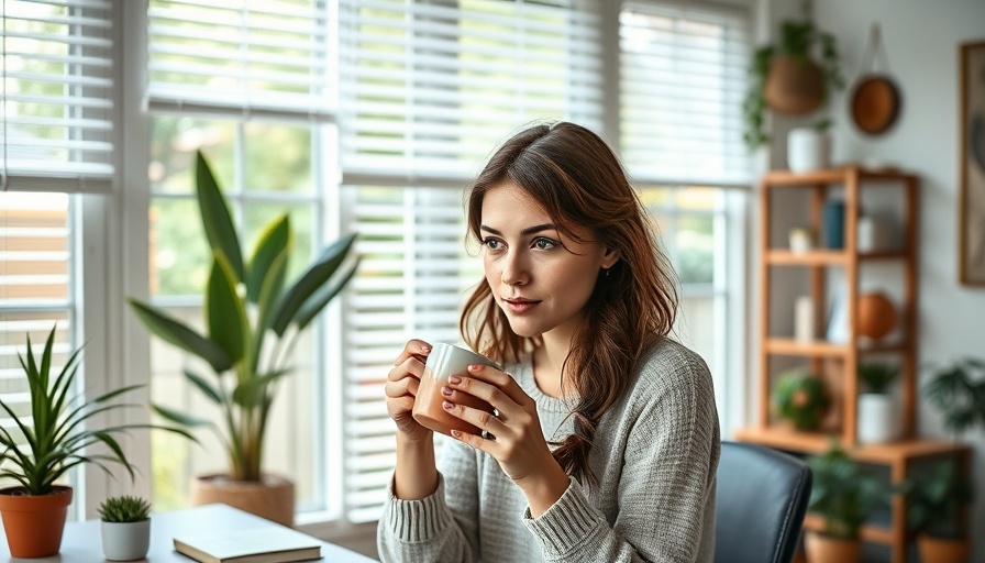 Young woman enjoying coffee while working in modern home office.