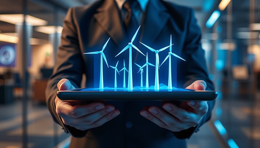 Futuristic holographic wind turbines illustrating AI in renewable energy market.