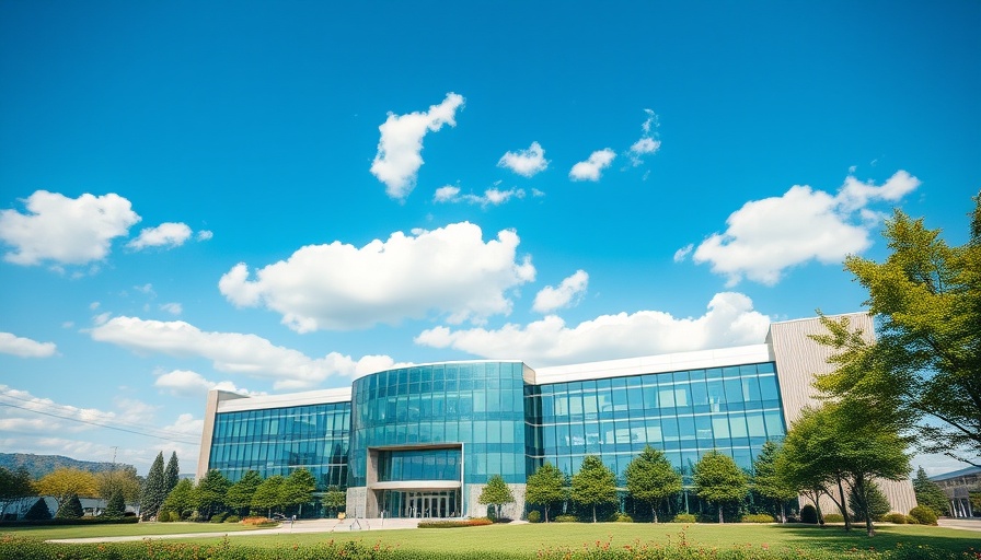 Modern government building for Homestead Exemption Applications 2025, lush greenery.