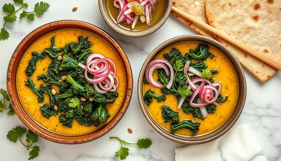 Coconut dal with kale in bowls on marble countertop.