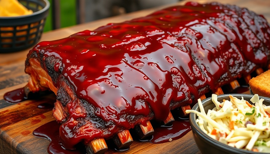 Mouth-watering ribs with barbecue sauce, sides of coleslaw and cornbread.