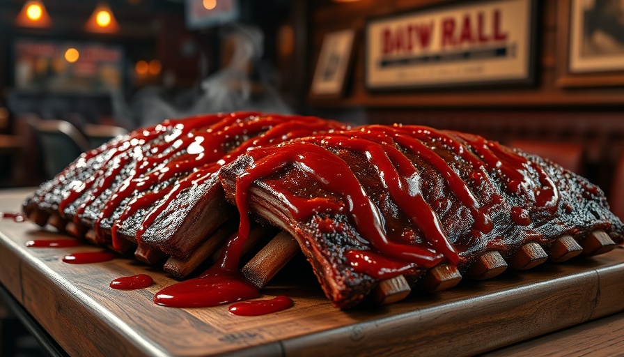 Succulent ribs with barbecue sauce on wooden table, best ribs in Georgia.