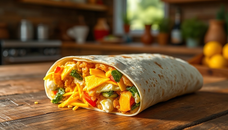 Tasty breakfast burrito on rustic table in Georgia kitchen.