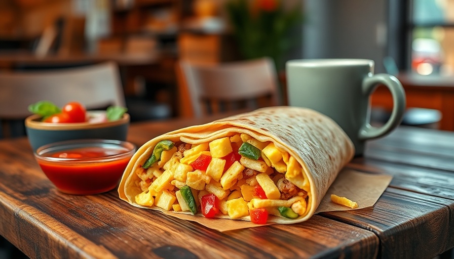 Tasty breakfast burrito on a wooden table with salsa and coffee.