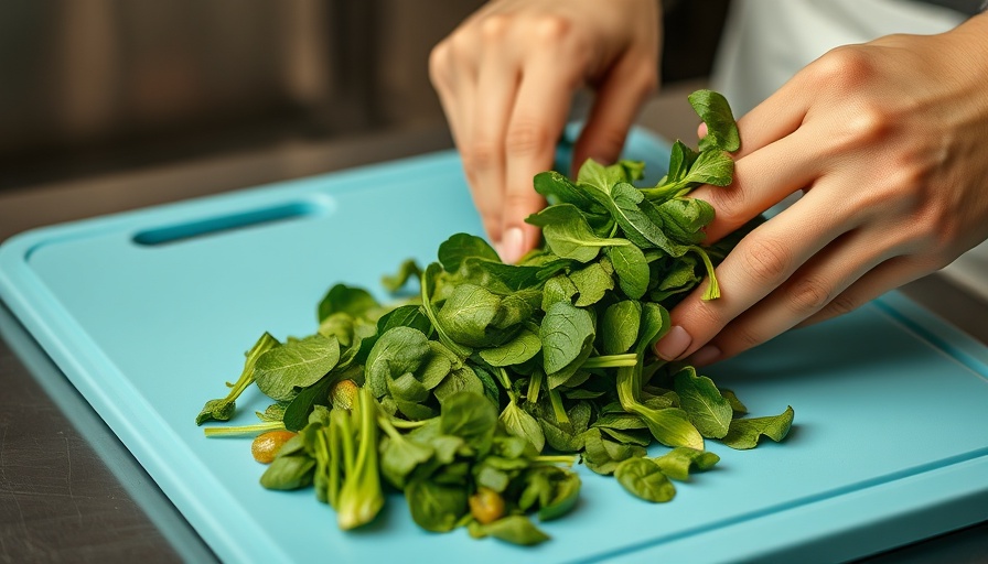 Chopping fresh spinach on a cutting board, benefits of spinach.