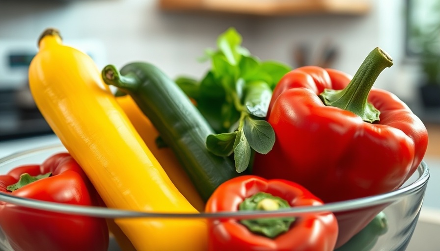 Fresh squash and pepper in glass bowl, vibrant kitchen setting.