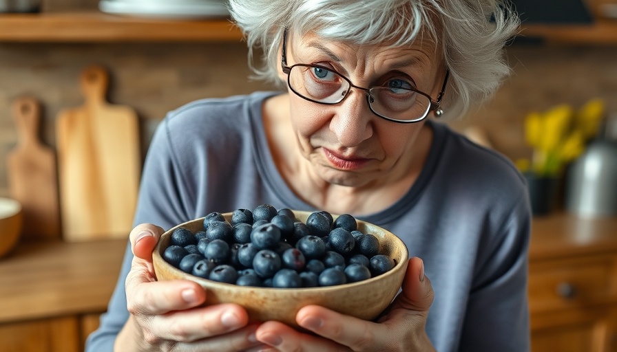 Elderly woman holding blueberries, highlighting health benefits.