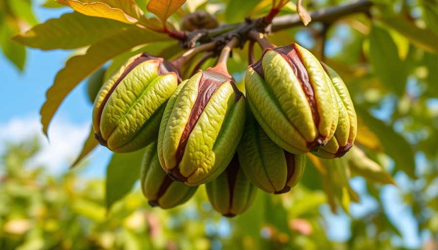 Green pecans on a tree branch, vibrant leaves.
