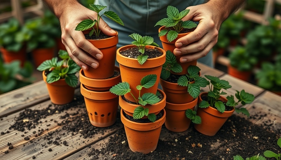 Growing strawberries in stacked pots in a garden setting.