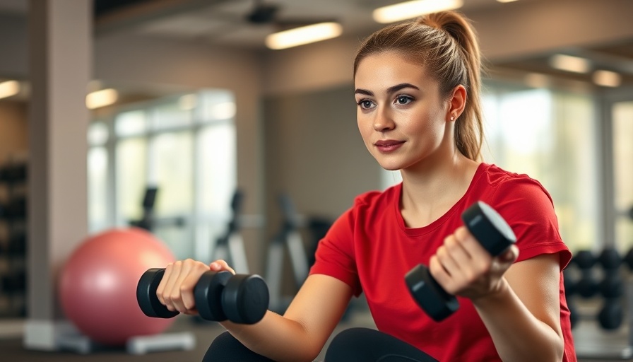 Young woman in red shirt exercises with dumbbells indoors, busting ageless fitness myths.