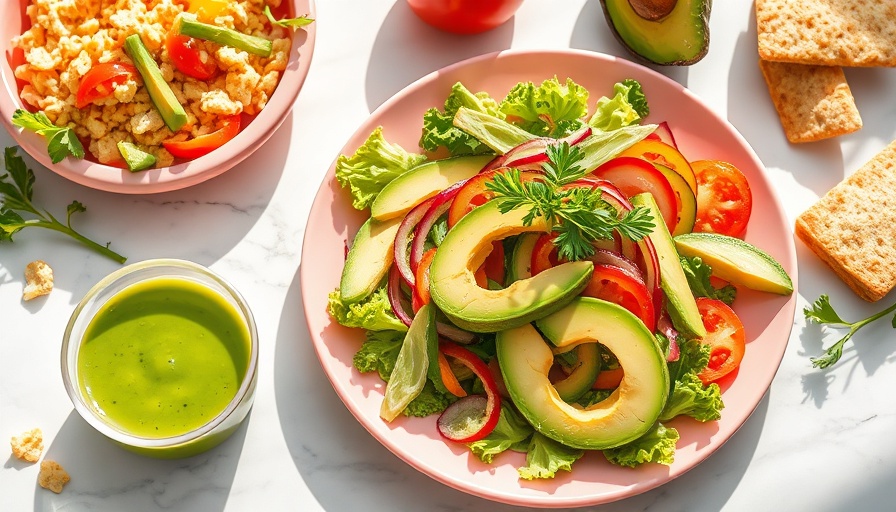Tracy Anderson Green Goddess Crunch Salad with avocado and fresh veggies on a pink plate.