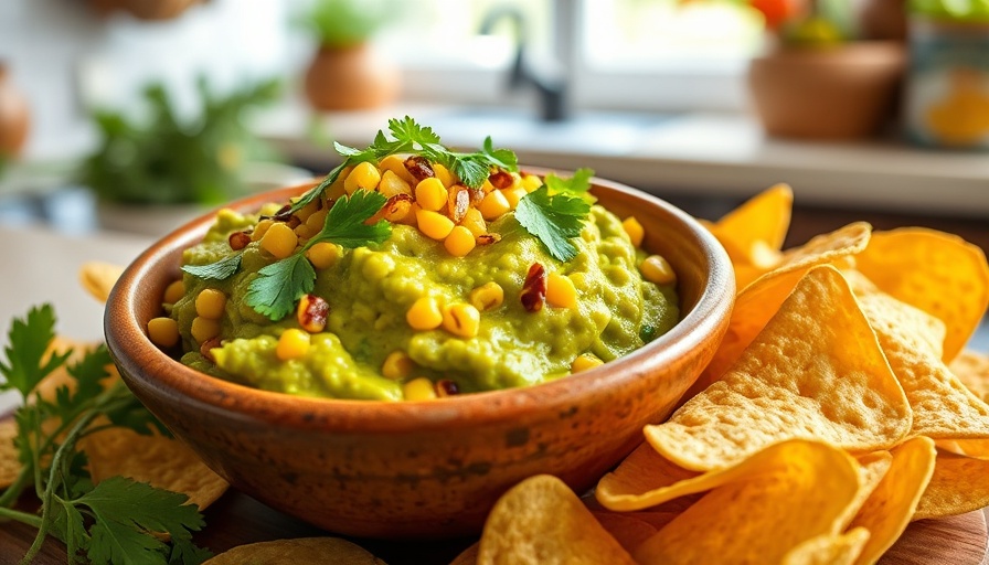 Guacamole with charred corn surrounded by tortilla chips, perfect gluten-free and dairy-free appetizers.