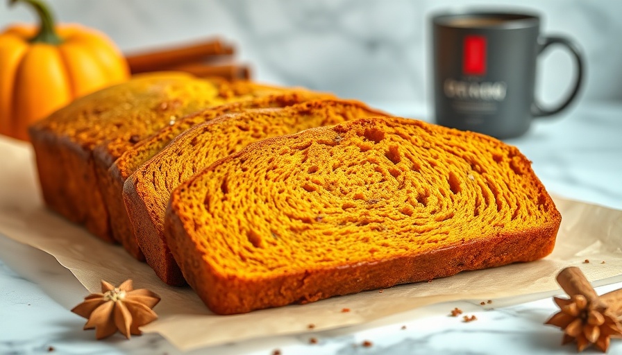 Freshly sliced paleo pumpkin bread on parchment with coffee.