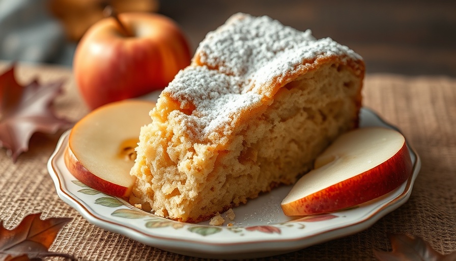 Slice of fall apple cake dusted with sugar, close-up.