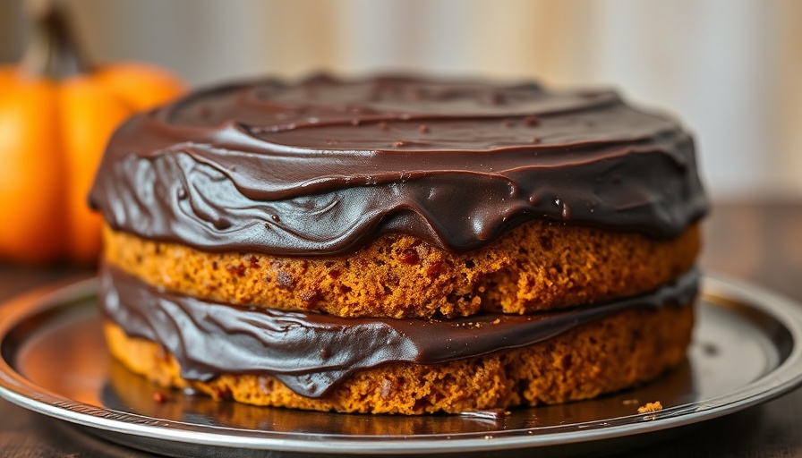 Pumpkin cake with dark chocolate frosting, macro shot.