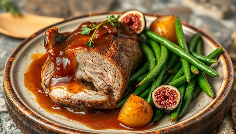 Pork shoulder with fig sauce, roasted potatoes, and green beans.