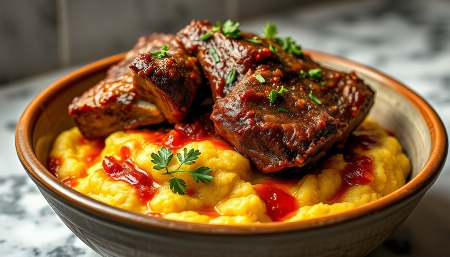 Slow cooker short ribs served over creamy polenta with herbs.