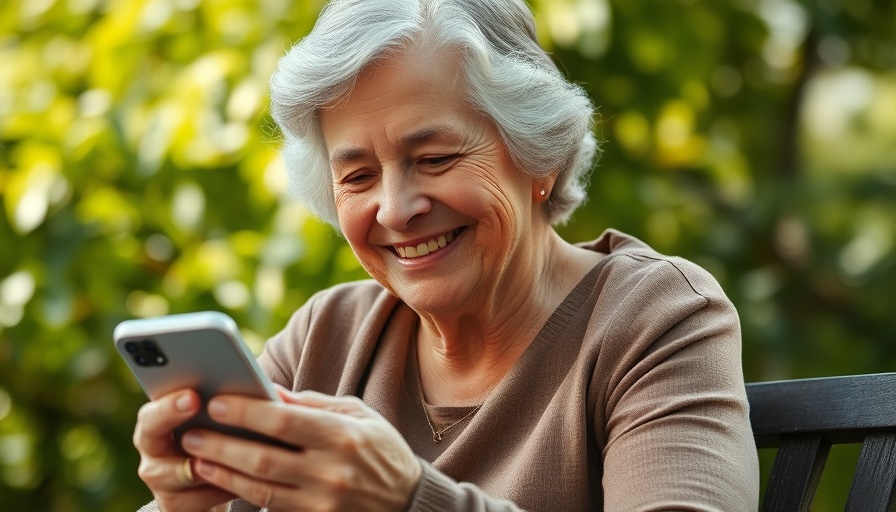 Smiling older woman using smartphone outdoors with laptop, AI to Improve Your Health.