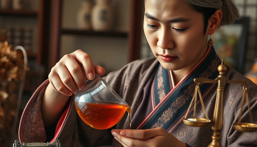 Traditional Medicine Practices scene with herbal tea pouring.
