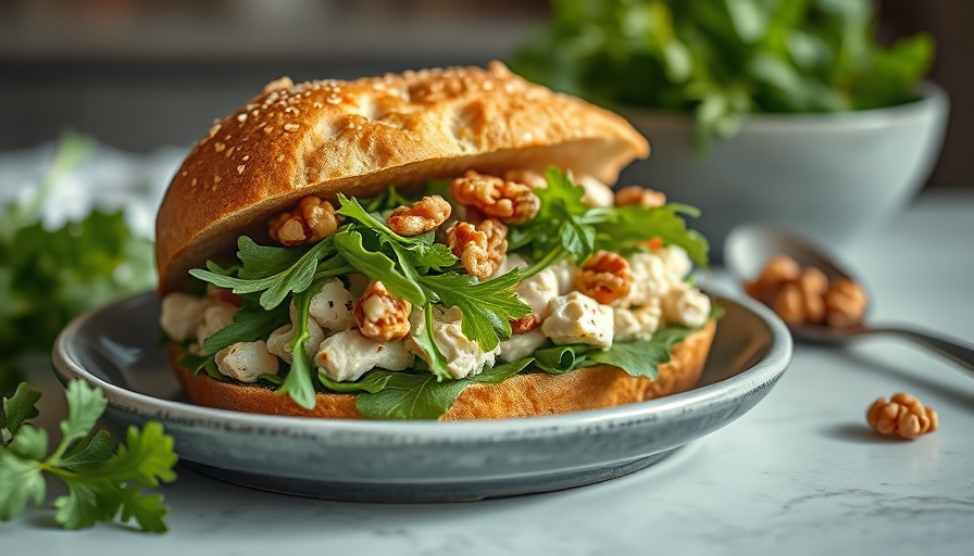 Chicken Salad Sandwich recipe with arugula and walnuts.