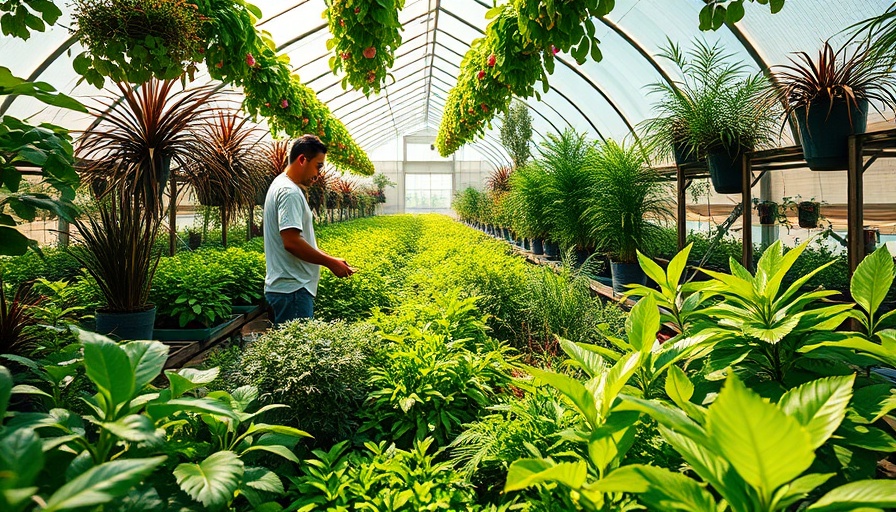 Chaos gardening methods in a lush greenhouse with diverse plants.