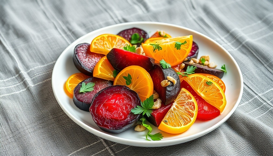Vibrant baby roasted beets and citrus salad with herbs and nuts.