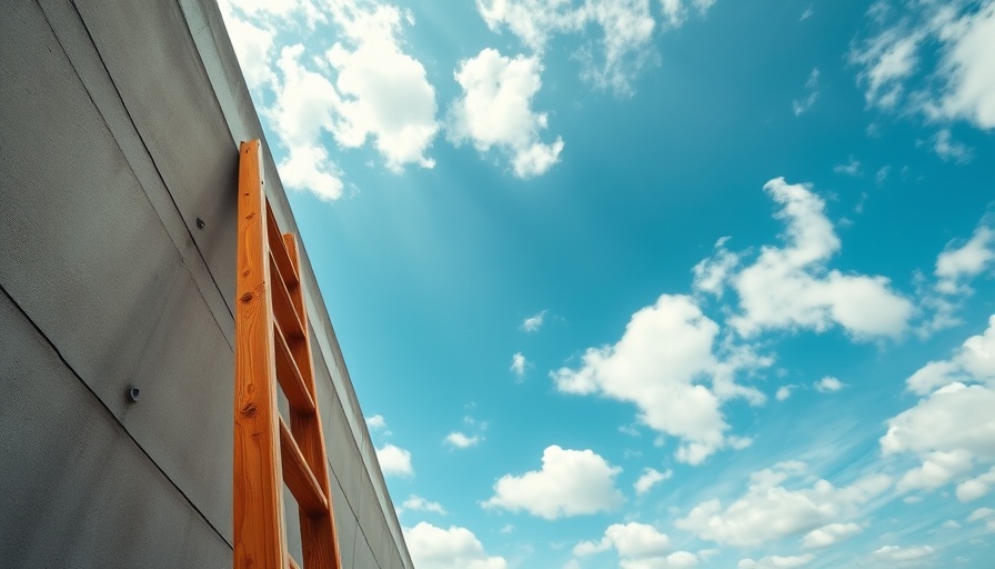 Wooden ladder against wall under blue sky, cinematic photo.