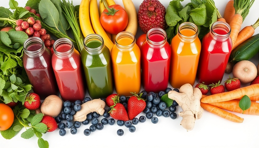 Juice cleanses and weight loss concept with colorful bottles surrounded by fresh produce.