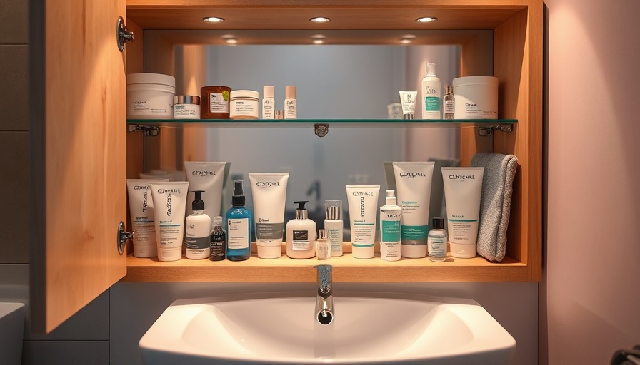 Bathroom cabinet with rosacea-friendly skincare products neatly arranged.