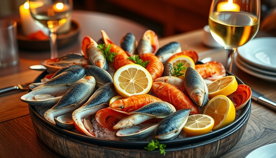 Fresh seafood platter on a rustic table with wine in Tennessee.
