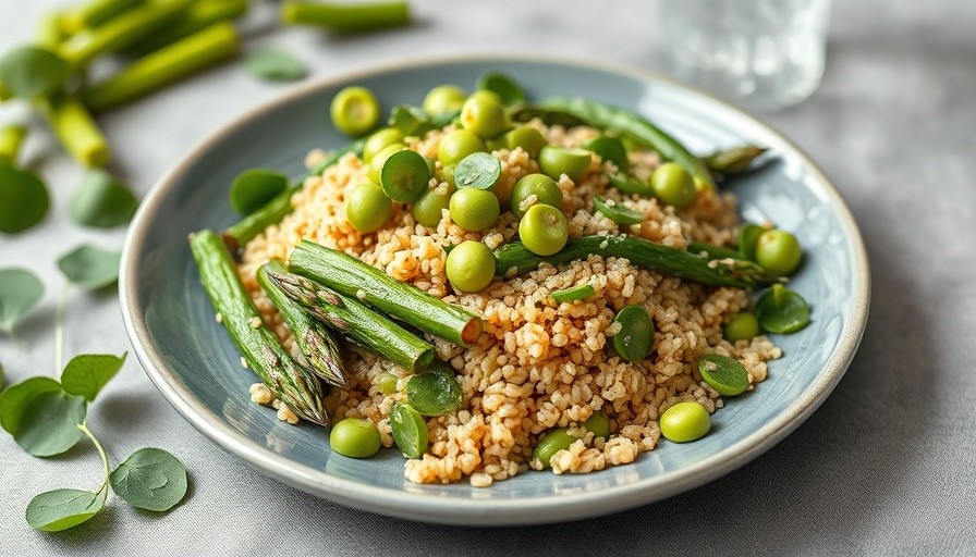 Snap pea, asparagus, and quinoa salad on grey plate.