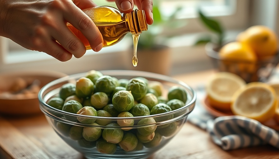 Pouring seed oil over vegetables in warm kitchen light.
