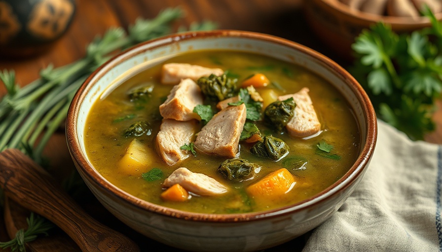 Bowl of turkey and collard green soup with toasted bread on a rustic surface.