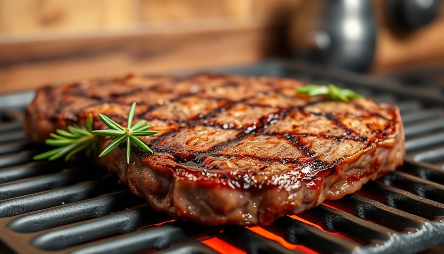 Juicy steak sizzling on a grill with rosemary and garlic, Outrageously Good Steaks South Carolina.