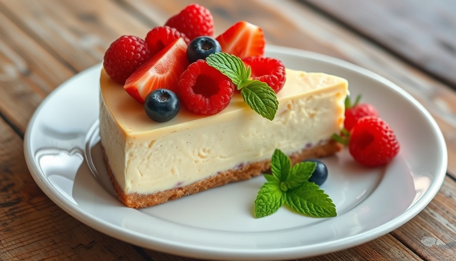 Best cheesecake in Georgia topped with berries on wooden table