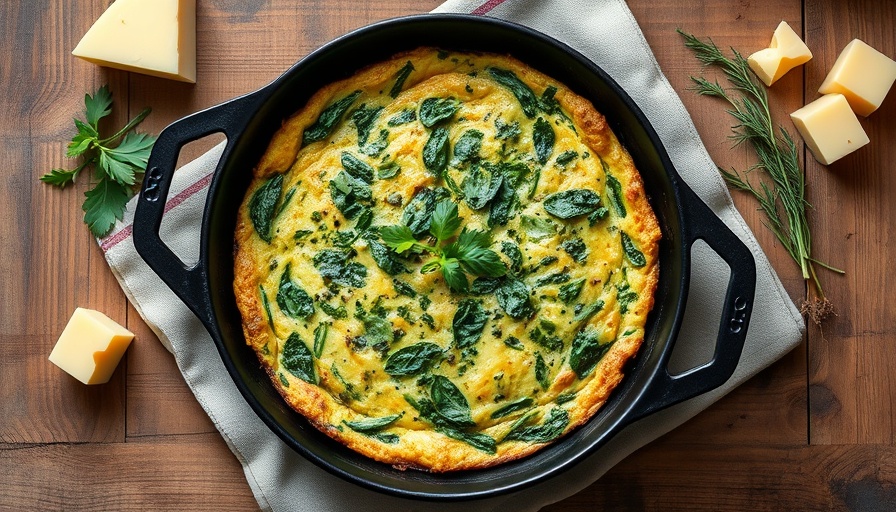 Appetizing super greens frittata in a skillet on a rustic table.