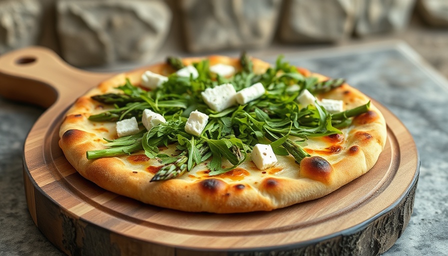Asparagus pizza with arugula and soft cheese for spring meal.
