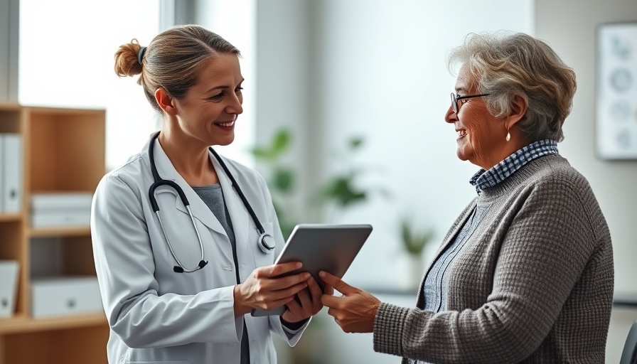 Female doctor consulting older woman with tablet in office, preventing medical misdiagnosis.