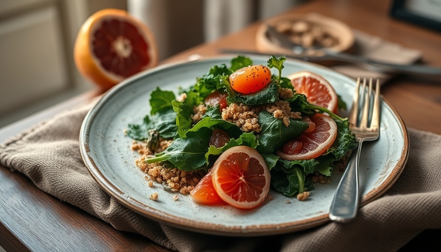 Kale and Grapefruit Salad with Buckwheat on rustic plate.