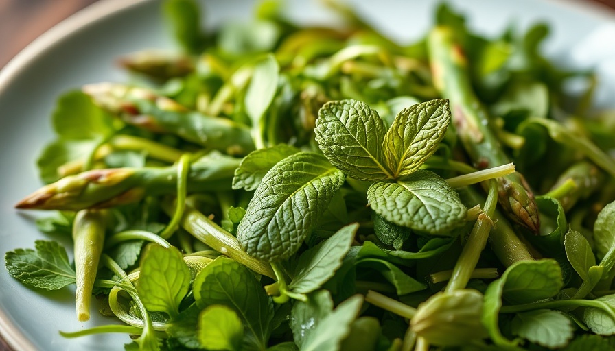 Fresh greens recipe with asparagus and mint on a plate.