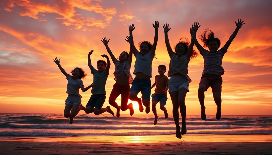 Joyful kids at ADHD camps jumping at sunset beach.