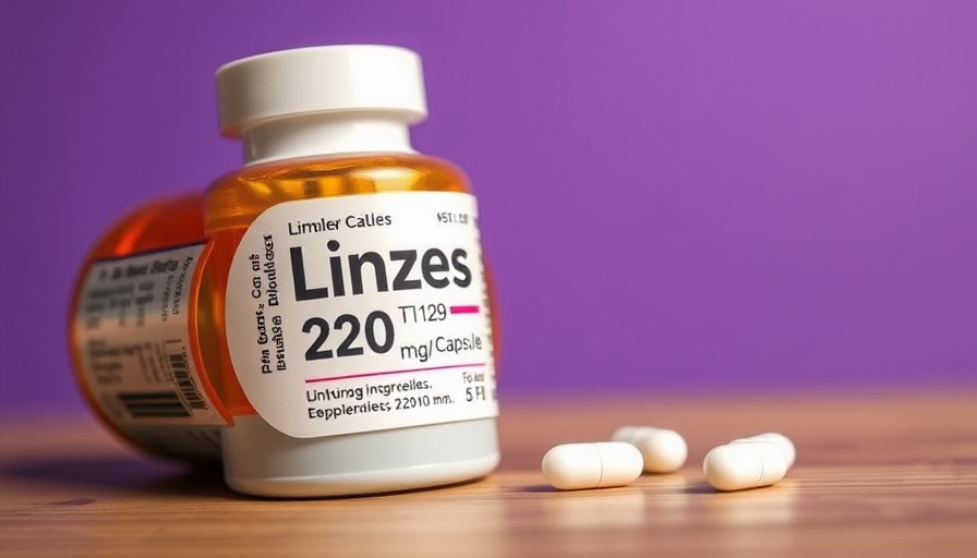 Linzess 290 mcg capsule bottle on wooden surface with purple background.