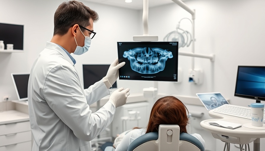 Dentist explaining X-ray to patient at affordable dental clinic in South Los Angeles.
