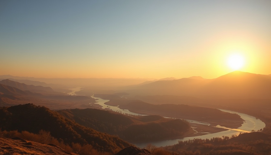 Expansive sunrise over river valley illustrating sustainability.