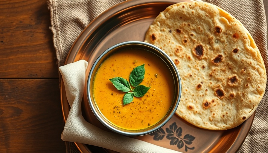 Curried Dal Soup with Sri Lankan Pol Roti, garnished with curry leaves on a copper tray.