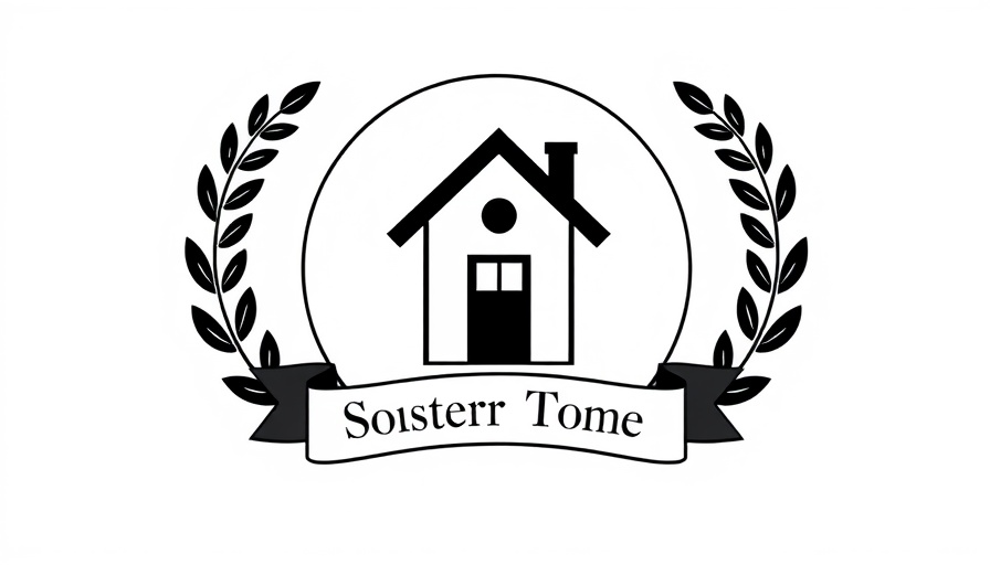Monochrome emblem with house, laurel wreaths, and text banner.