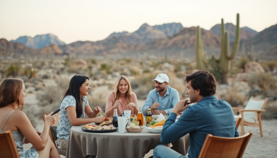 Outdoor dinner party with people enjoying a meal in a desert setting.