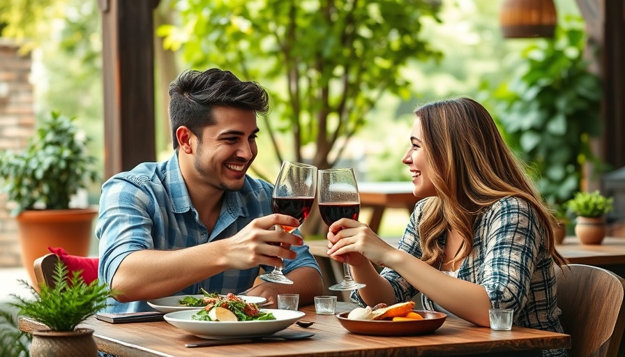 Couple dining outdoors, toasting drinks, vibrant natural setting.